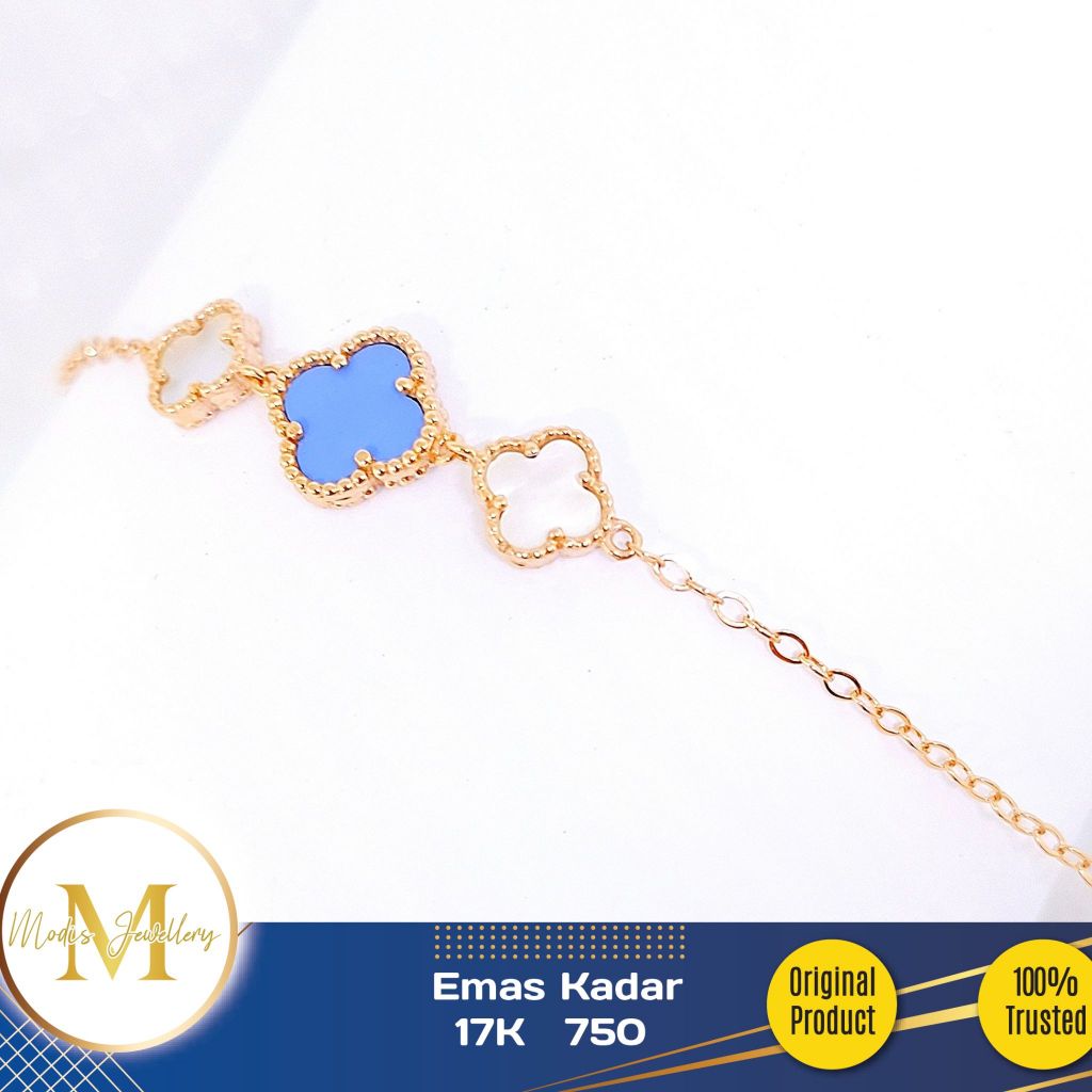 MODIS JEWELLERY - Gelang Clover White Blue Rosegold - Emas 17k 750
