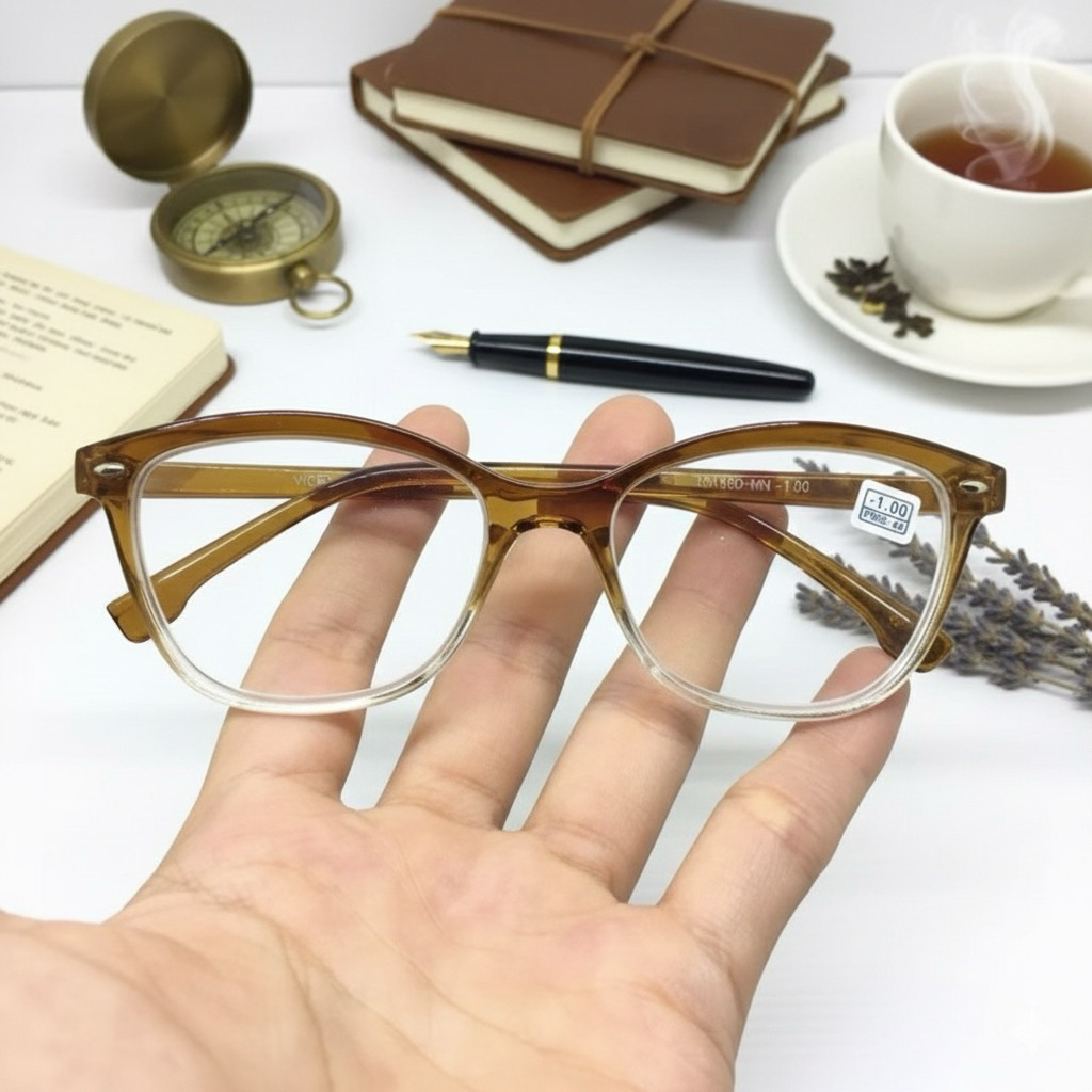 ELDORA / Kacamata Minus Frame Semi Cat Eye Kotak Warna Transparant Coklat JS166D-MN