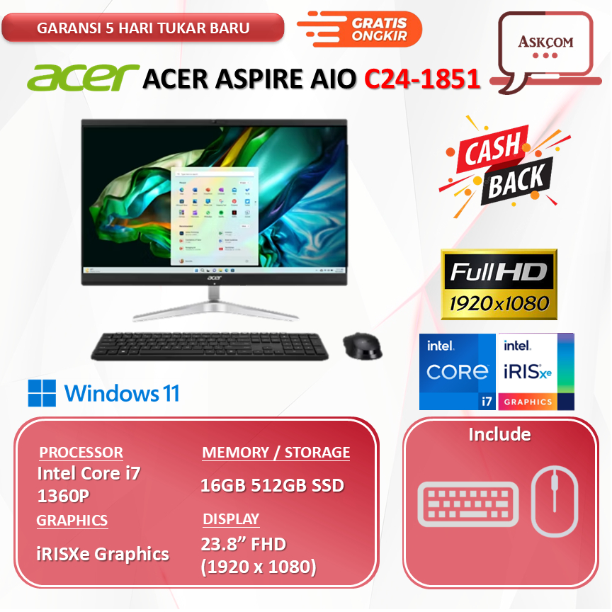 Acer Aspire All In One PC (AIO) C24-1851 Intel Core i7 1360P 16GB 512GB 23.8FHD Windows 11+OHS