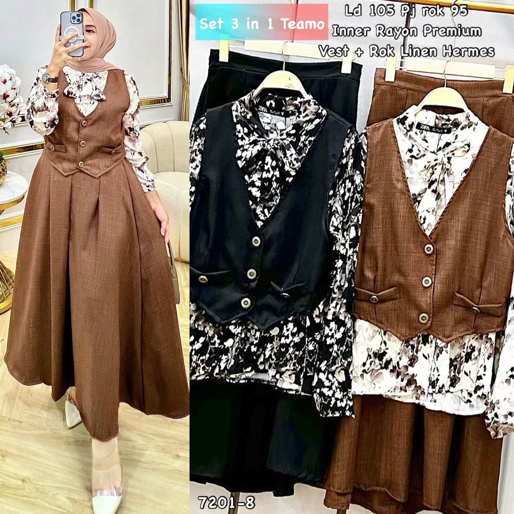Set 3 in 1 Teamo - Vest rompi premium - Set rok jalan wanita Clearance sale lebaran - Set baju musli