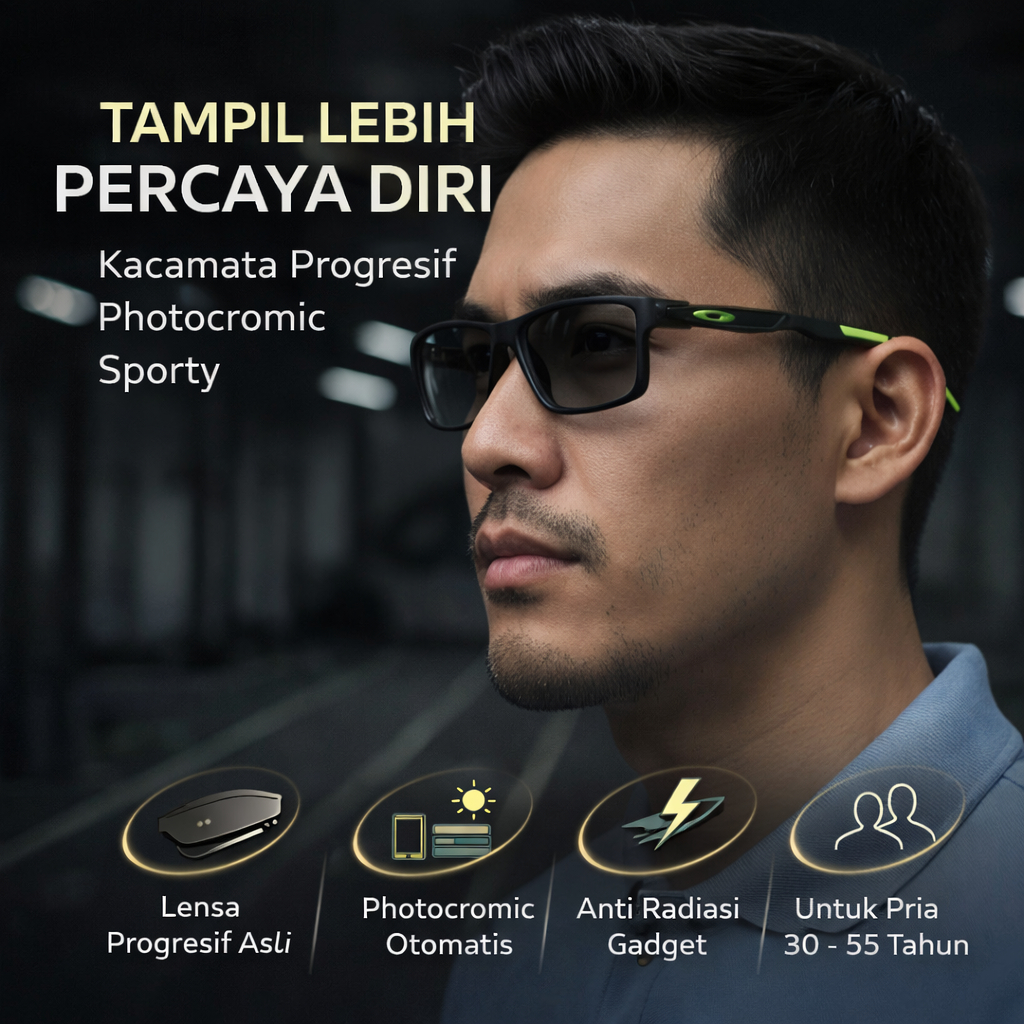 Kacamata Baca Plus Photocromic Pria SPORTY Kaca Mata Progresif Baca Jalan ELASTI +100+150+175+200