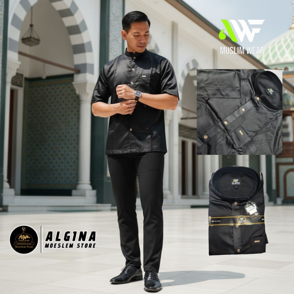 Koko Al Wafa Hitam Lengan Pendek Bahan Satin Korea Kancing Thailand Full | Baju Muslim Lengan Pendek