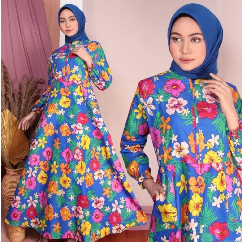 Baju Katun Gamis Bunga Sepatu Warna Biru Adem