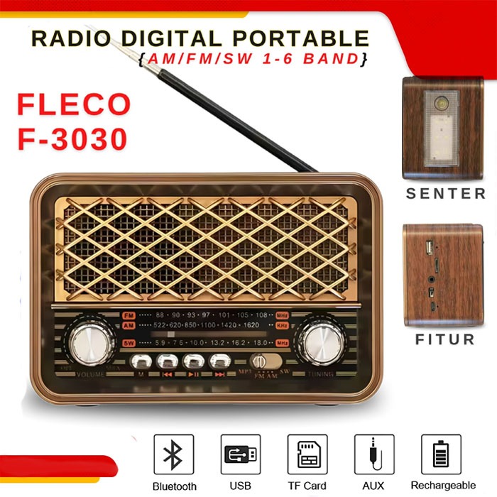FLECO F-3030BTL Radio Digital Portable Am/Fm/Sw Band / Radio Bluetooth Radio Jadul
