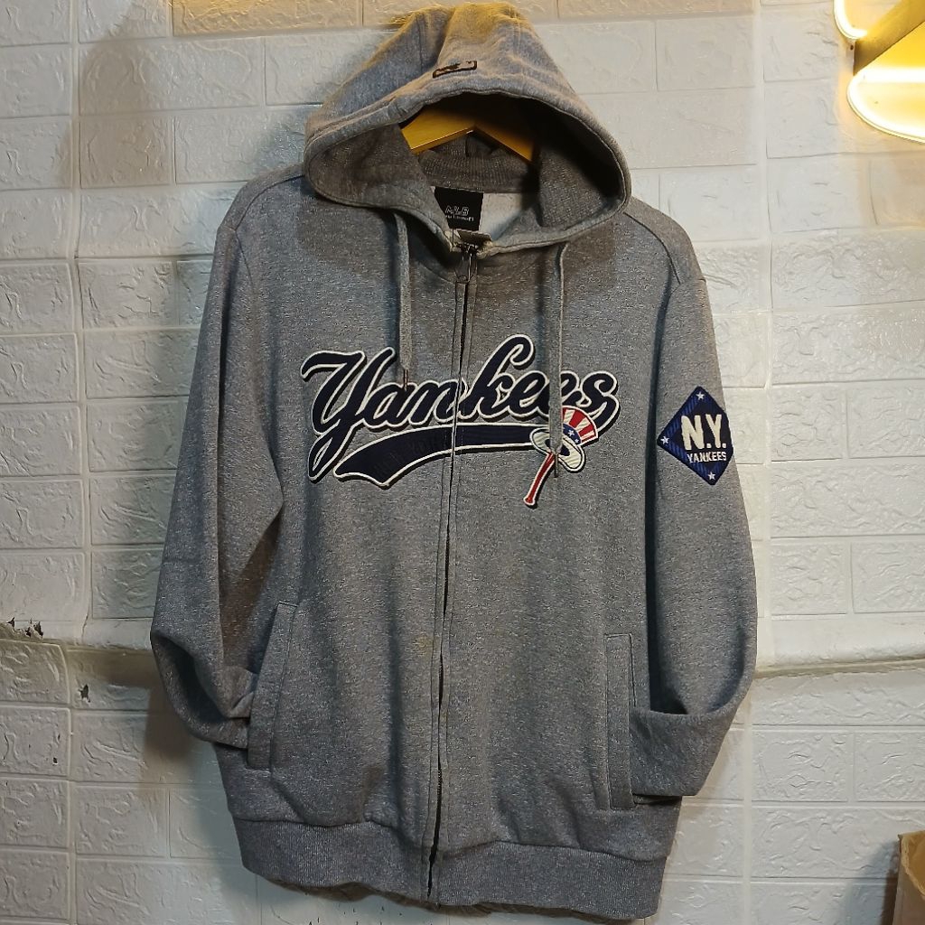 Sweater Hoodie MLB NY Yankees Full Bordir Grey Size L