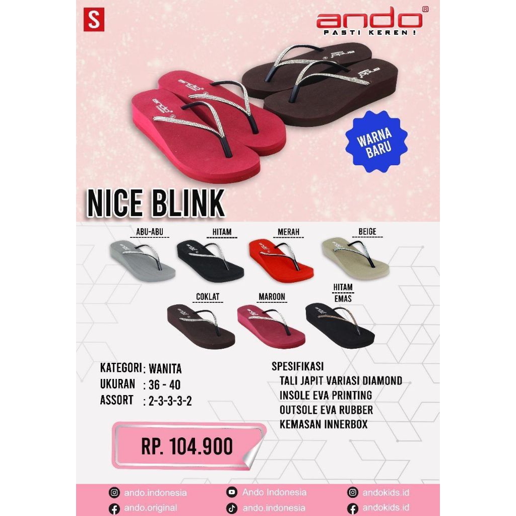 Ando Official Sandal Jepit Nice Blink Wanita Dewasa Wedges Ando Original