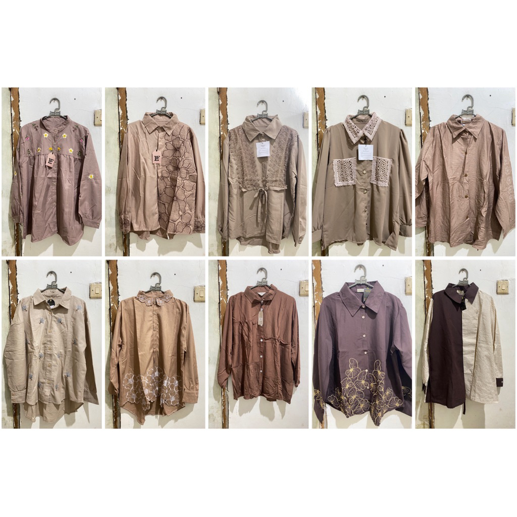 KEMEJA OVERSIZE BUTIK BORDIR BUNGA KATBOL RENDA COKLAT BROWN