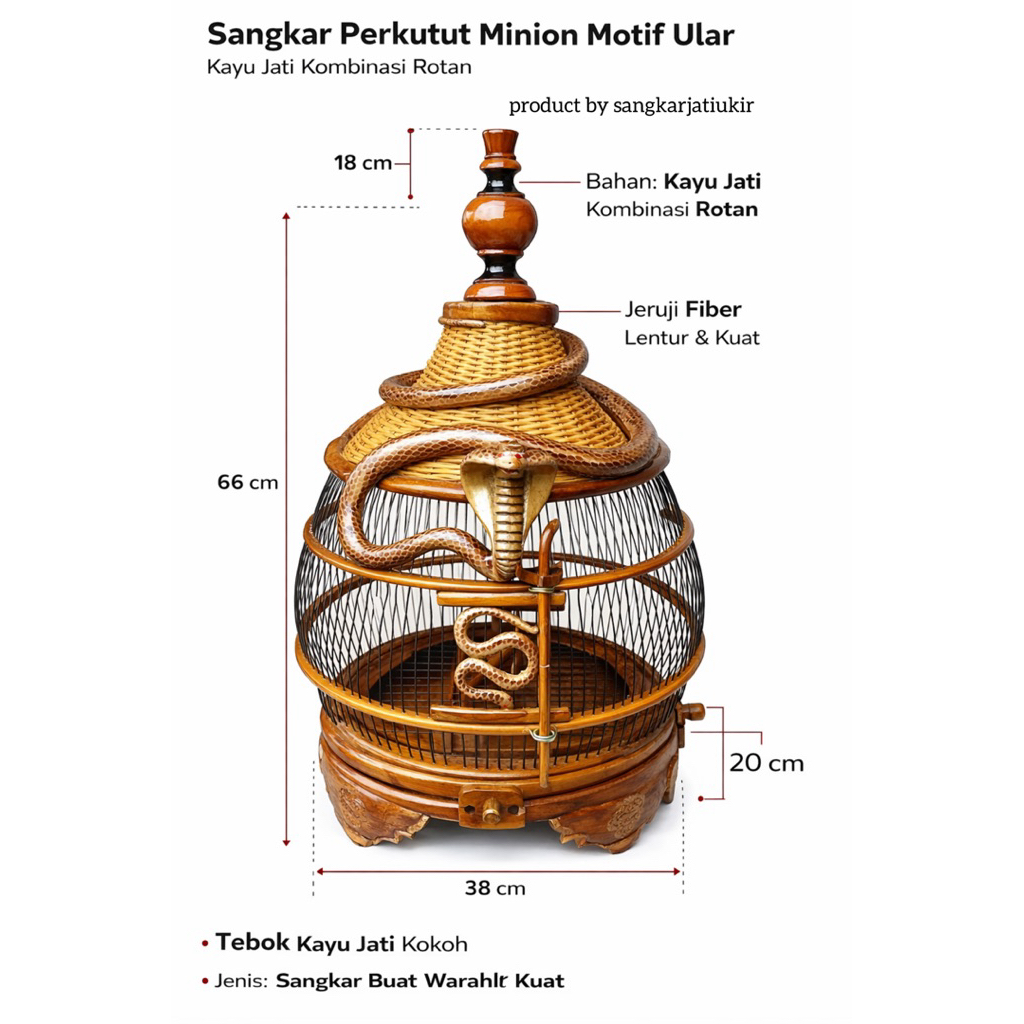 Sangkar Perkutut Kayu Jati Minion Ukir Ular Kombinasi Rotan
