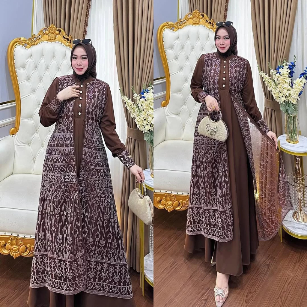 Gamis Brokat Tile Mewah Model Terbaru Ceruti Premium Kancing Depan Busui Gaun Kondangan Kekinian