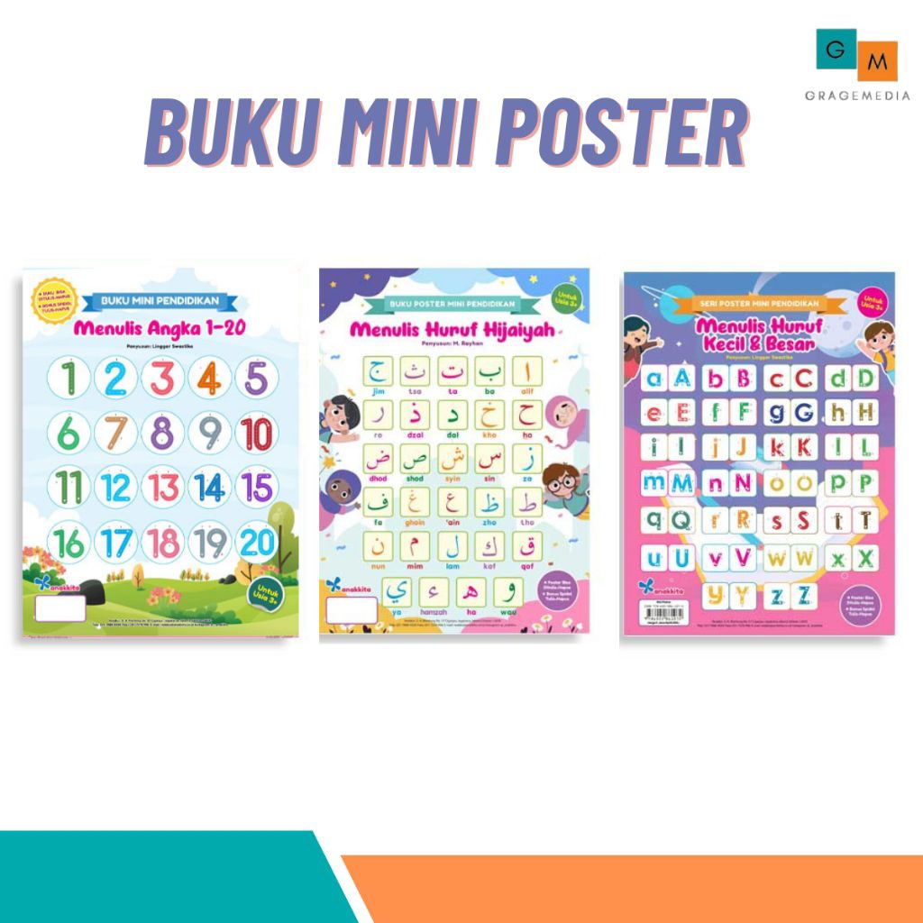Buku Mini Poster Belajar Menulis Huruf Hijaiyah - Menulis Huruf Besar dan Kecil - Menulis Angka 1 - 