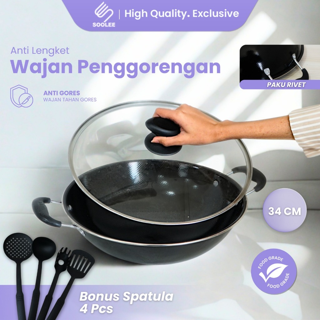 SOOLEE Wajan Enamel 34cm Anti Lengket Gagang Plastik Tutup Kaca 4 Spatula Hitam
