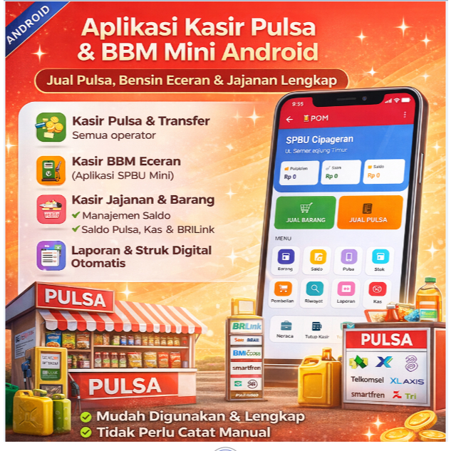 Aplikasi Kasir Pulsa & POM Mini Android – Jual Pulsa, Bensin Eceran & Jajanan Lengkap