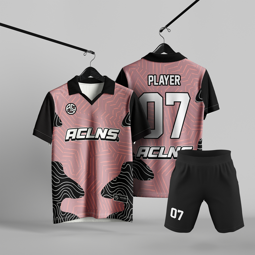Setelan Jersey Futsal Tim Unisex Pink Hitam Motif Geometris Topografi