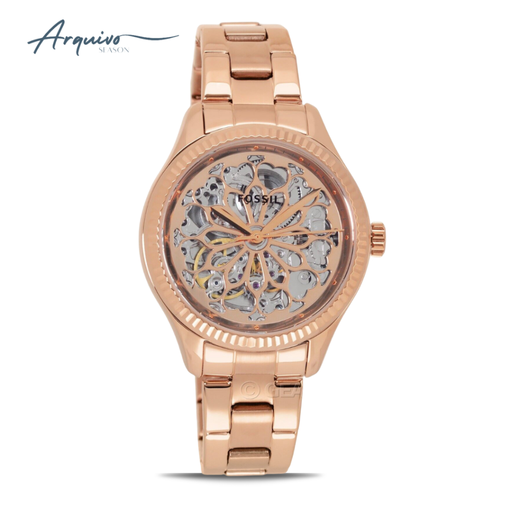Jam Tangan Fossil Wanita Rye Automatic Rosegold Stainless Steel Mewah Original BQ3754