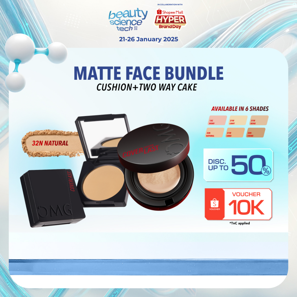 OMG Oh My Glam Glow Matte Face Bundle : Cushion + Two Way Cake - High Coverage Dewy Finish - Poreles