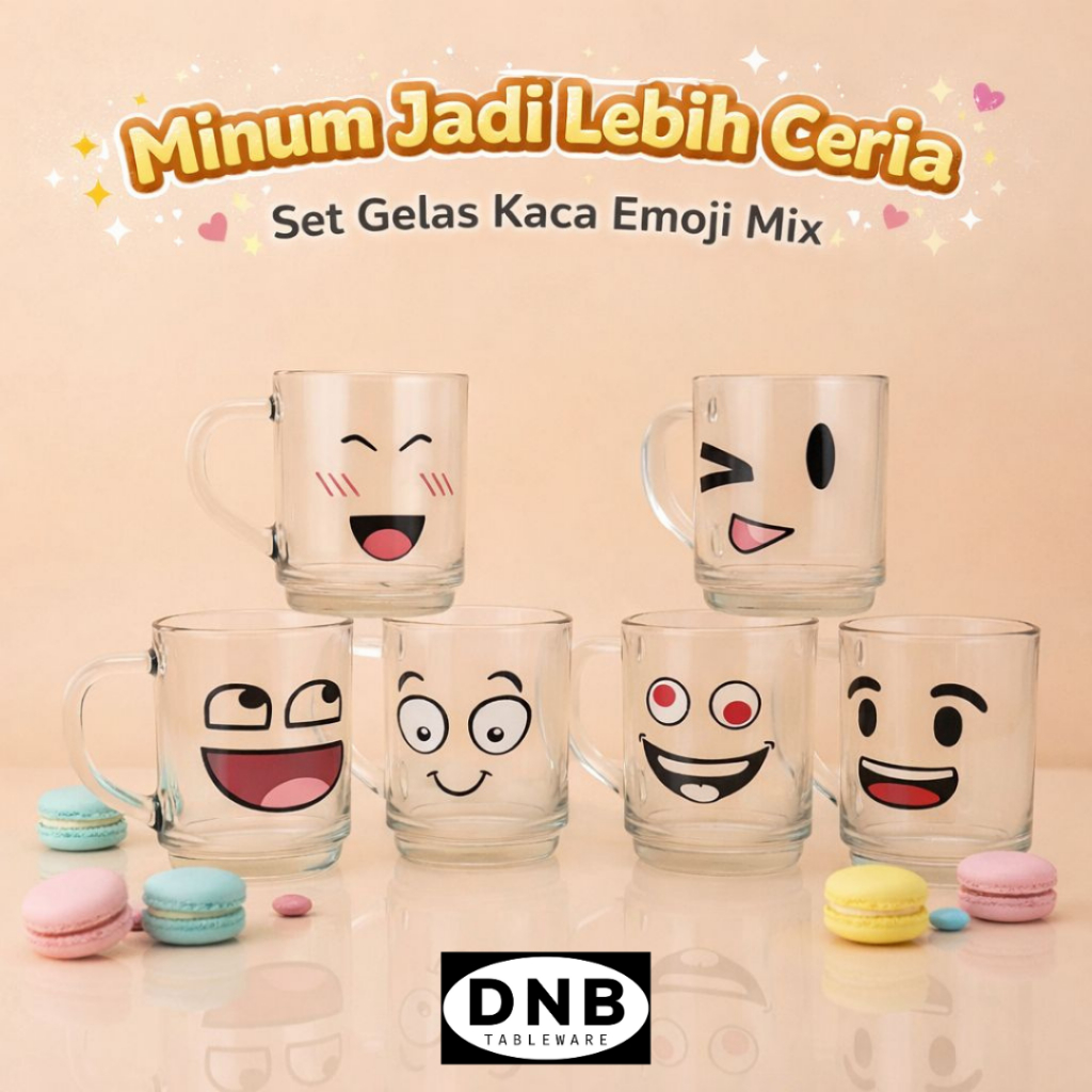 6 Pcs Gelas Kaca KAOMOJI Ukuran 230 ml / Cangkir Bening