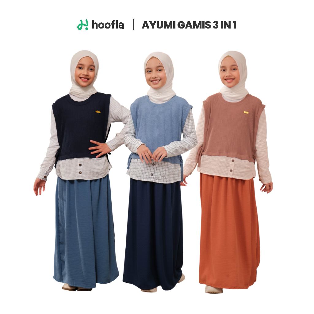 Hoofla Kids Ayumi Gamis Anak Perempuan Terbaru 3in1 Usia 3-12 Tahun Bahan Crinkle Premium Edisi Baju