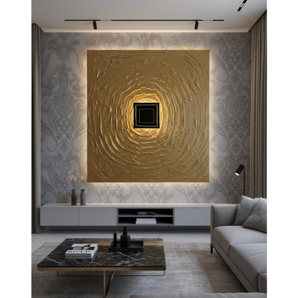 KIZI ARTISTIC - Lukisan Kabah Ka’bah Kaabah Tekstur 3D Gold Lukisan Abstrak Modern Minimalis Plus La