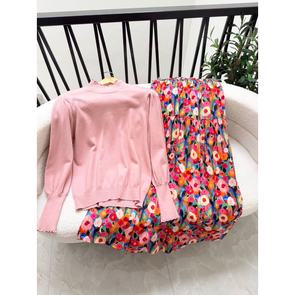 Knitwear Rajut ALLN Set Filia Bunga Merah Orens