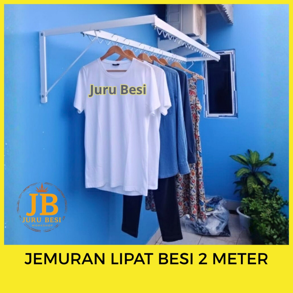 Jemuran Dinding Lipat 2 Meter Gantungan Baju Pakaian Besi Kuat Anti Karat Hemat Tempat