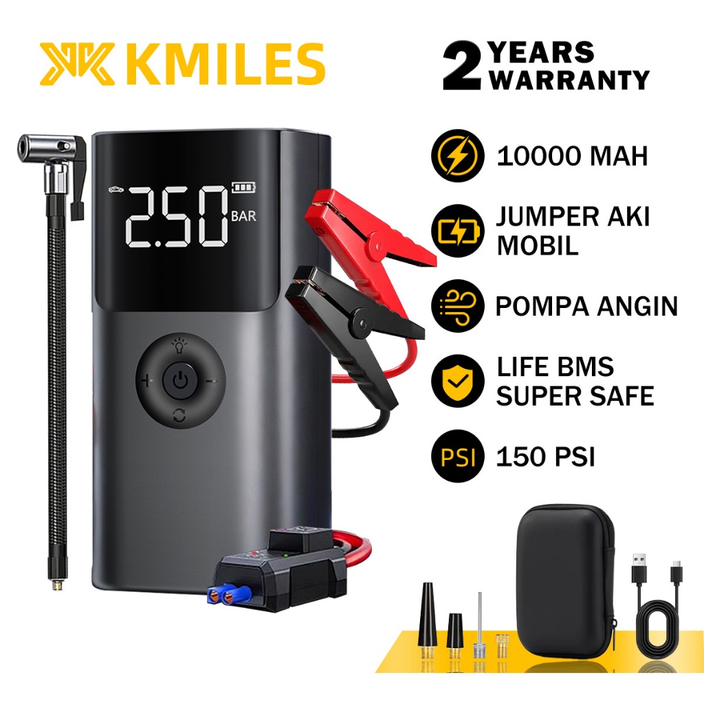 KMILES Jumper Aki Mobil Portable 10000mAh Dengan Pompa Ban Power Bank Dan Lampu Led Jumper Aki