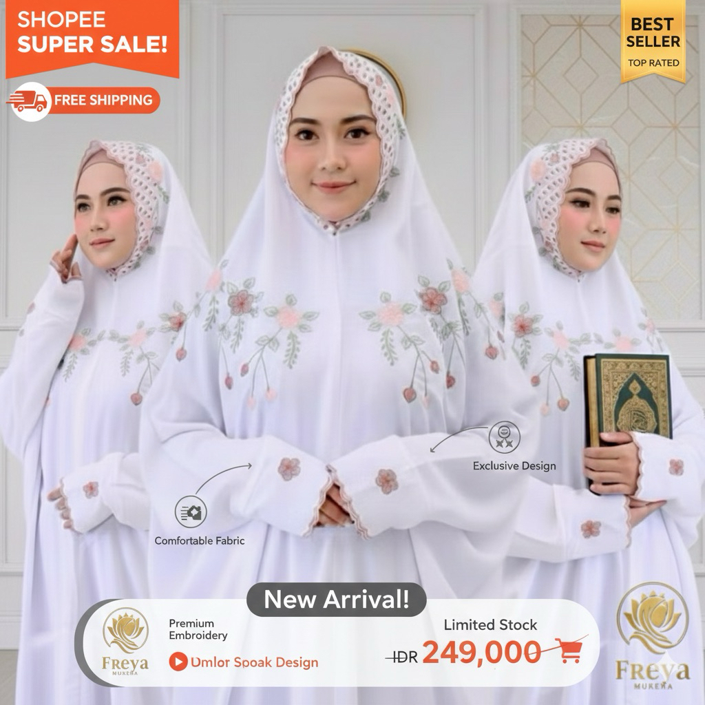 TERLARIS Mukena Lajuran Panjang Putih Bersih - Mukenah Terusan Polino Katun Micro Bordir Langsung Mo