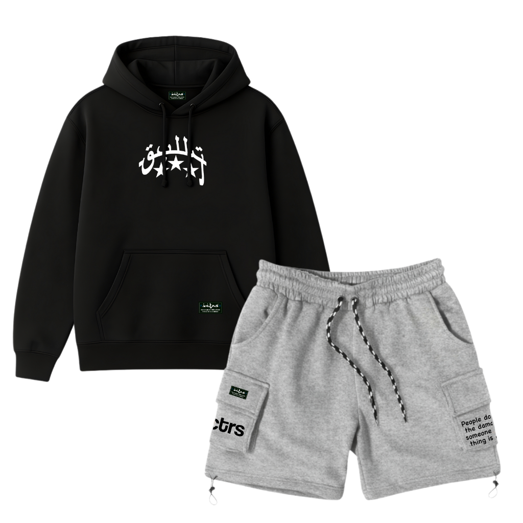 NEW Hoodie Satu Stel Dengan Celana Cargo Pendek Hitam Pria Wanita Terbaru Viral Kekinian Distro Band