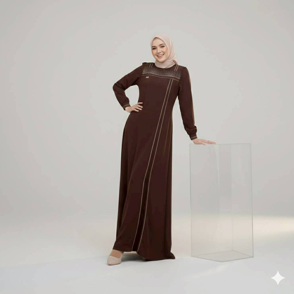 AZKA ELIZA - Gamis Wanita Modern Detail Garis Vertikal Dress Muslimah Casual Mewah Busui Friendly