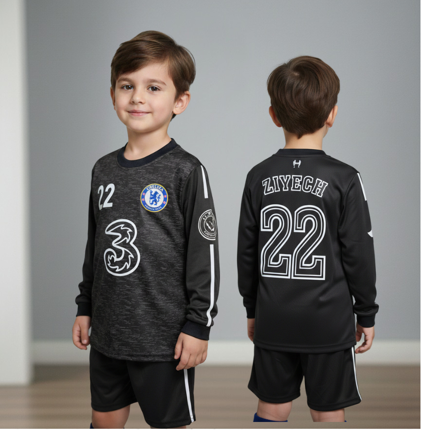 setelan baju kiper anak baju bola kiper chealse hitam /baju bola anak murah 6-12th