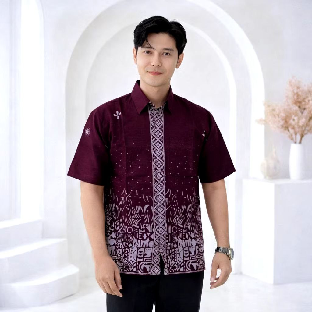 Anisa Kemeja Batik Pria Lengan Pendek Merah / Baju Batik Pria / Kemeja Batik Pria