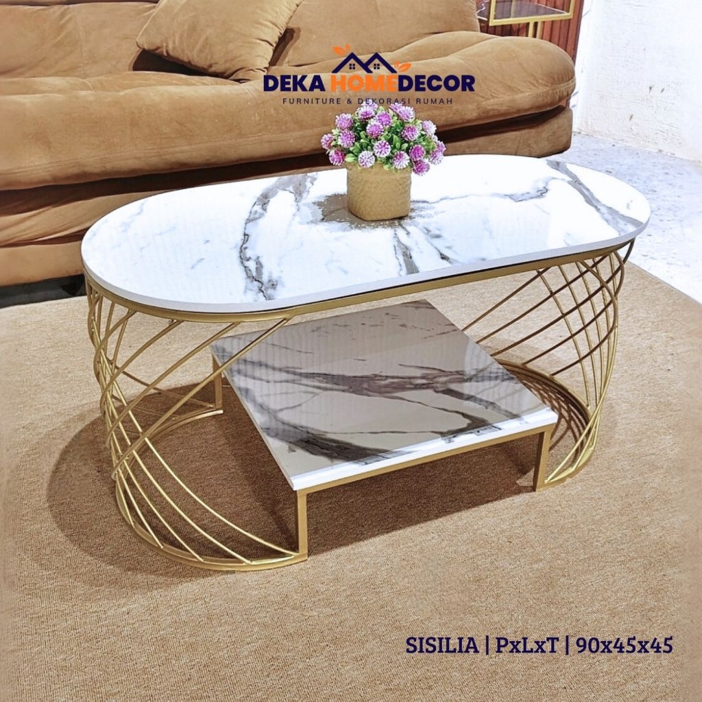 Meja Tamu Oval Minimalis SISILIA Besi Gold HPL Motif Marmer Glossy Mewah Ruang Tamu Aesthetic Modern