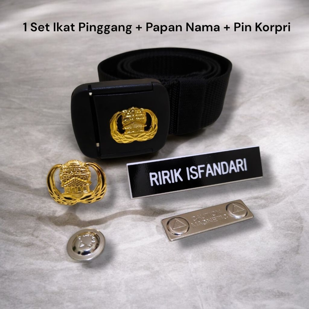 1 set Ikat Pinggang Tactikal Logo Korpri Hitam + Papan Nama Magnet + Pin Korpri Magnet