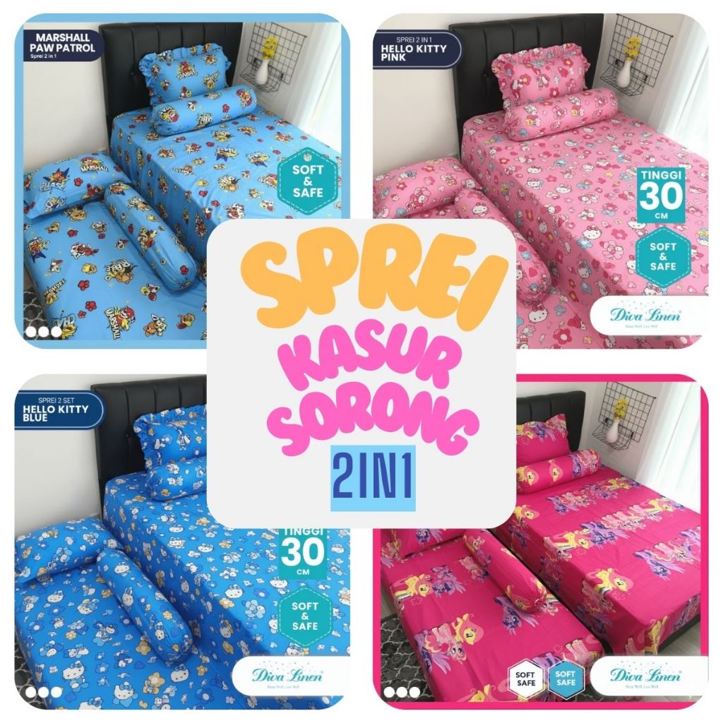 Diva Linen Sprei 2in1 Kasur Sorong Tinggi 30 cm – Set Lengkap Dapat 2 Sarung Bantal & 2 Sarung Gulin