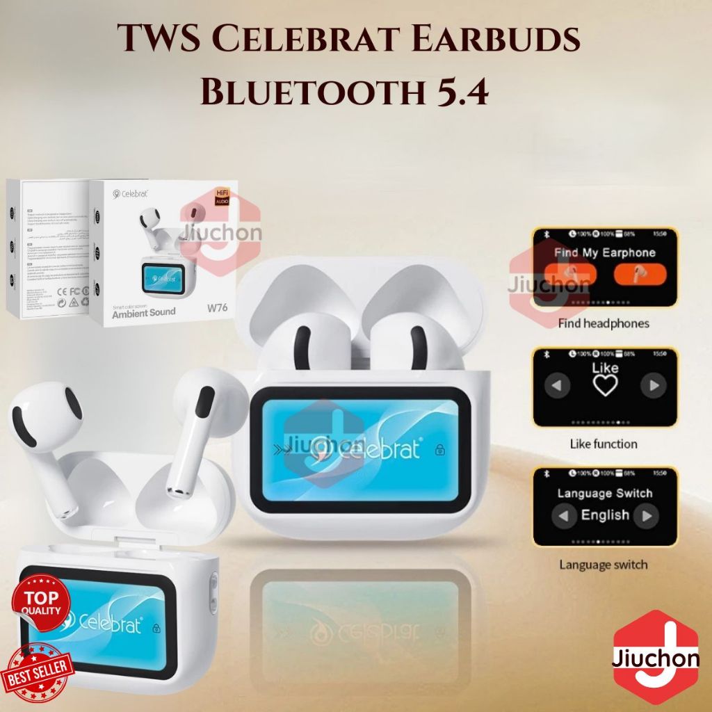 TWS Celebrat W76 Earbuds Bluetooth 5.4 Surround Headset Ergonomis LED Touch Screen