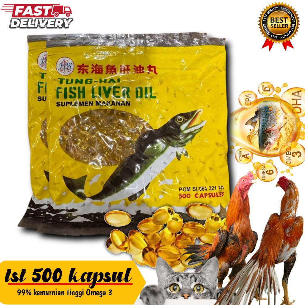 Minyak Ikan Tung Hai Fish Liver Oil 500 Kapsul Minyak Ikan untuk Ayam, Kucing, Anjing Termurah