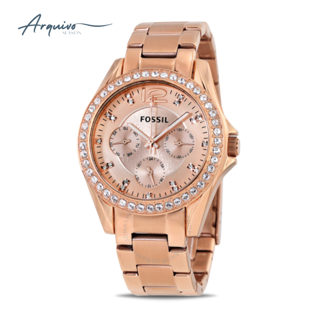 Jam Tangan Fossil Wanita Riley Chronograph Rose Gold Stainless Steel Mewah Original ES2811
