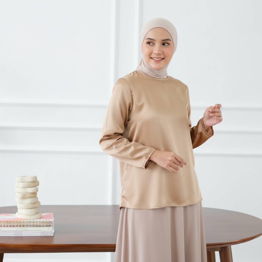 Delova Wardrobe - Inner Satin Armani Premium Silk Lengan Panjang Kerah Bulat Lovya Daleman Kebaya Bahan Satin Velvet Mengkilap Manset Gamis Satin Kebaya Mewah Dalaman Brukat Dan Tile Inner Kebaya Kondangan Bridesmaid Wisuda Muslim Muslimah