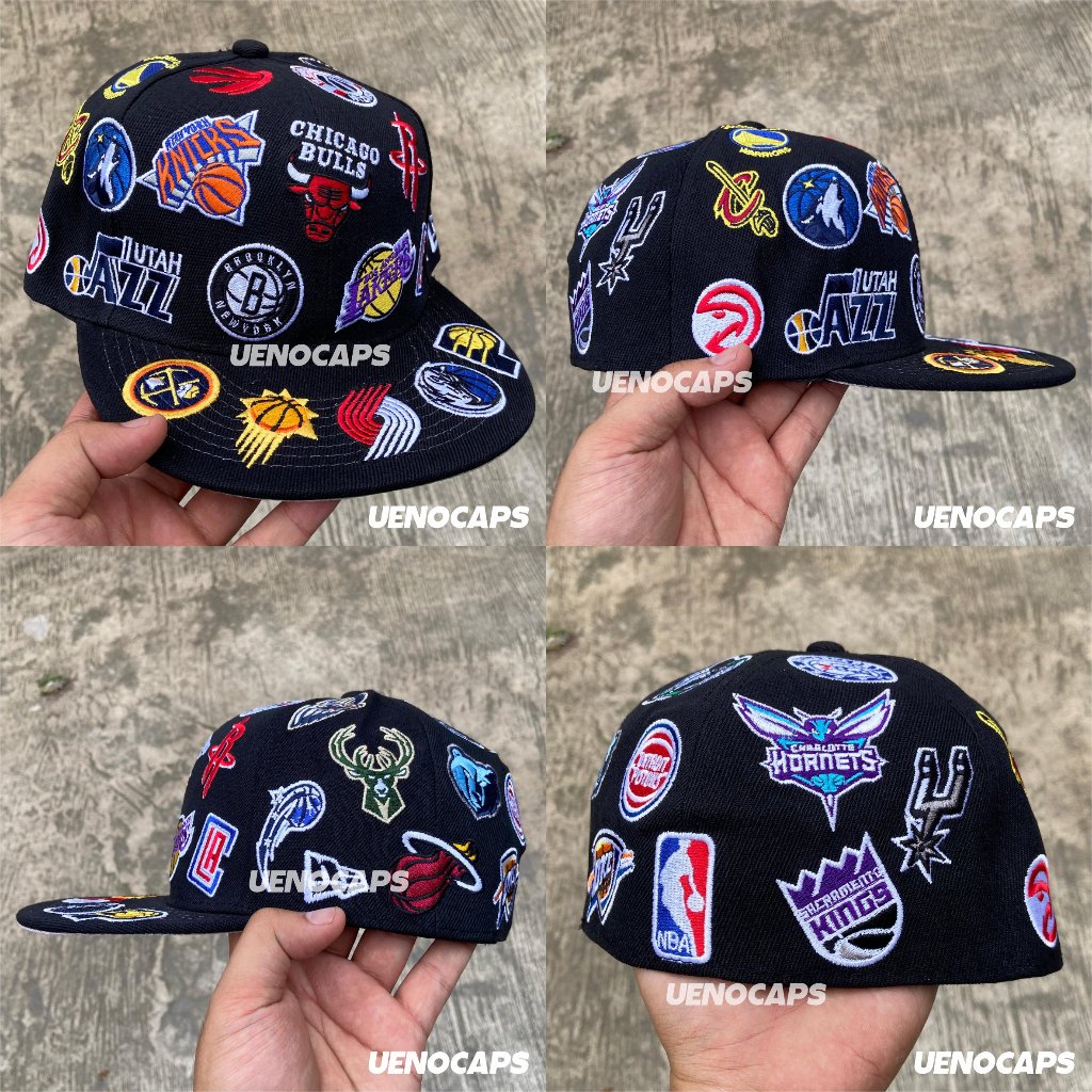 Topi Snapback Fitted Basket NBA All Over Logo Patch Bordir Black Build Up Cap Aksesoris Pria Wanita