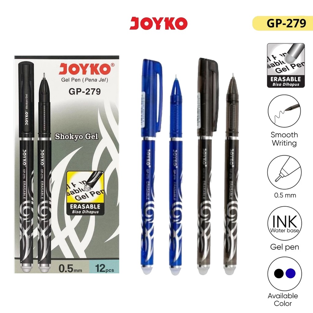 12 Pcs JOYKO Erasable Pen Pulpen Gel Bisa Dihapus 1 Pack GP-279 0.5mm