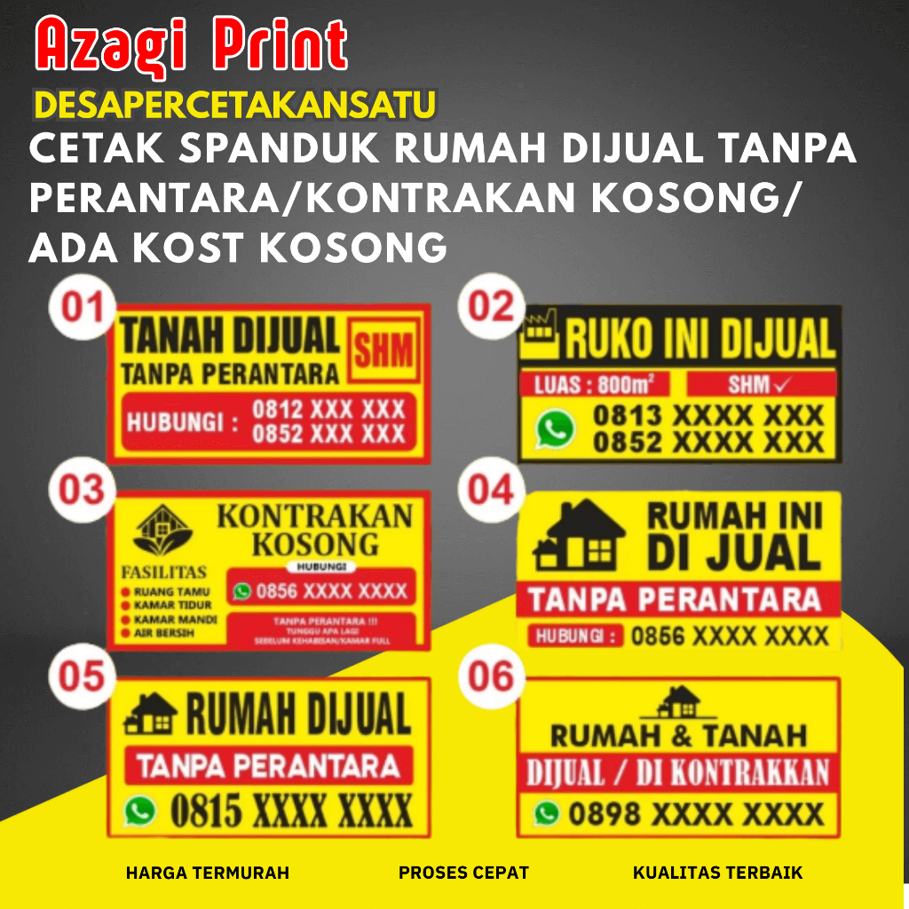 Cetak Spanduk Rumah Dijual Tanpa Perantara/ Kontrakan Kosong / Ada Kost Kosong - DESAPERCETAKANSATU