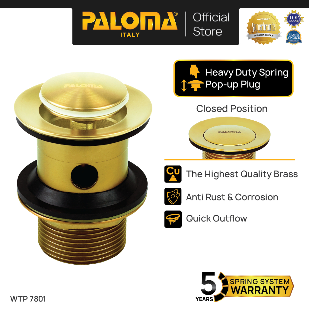 PALOMA WTP 7801 Afur Wastafel Kepala Sifon Pop Up Waste Avur Washtafel Brass Kuningan Gold Emas