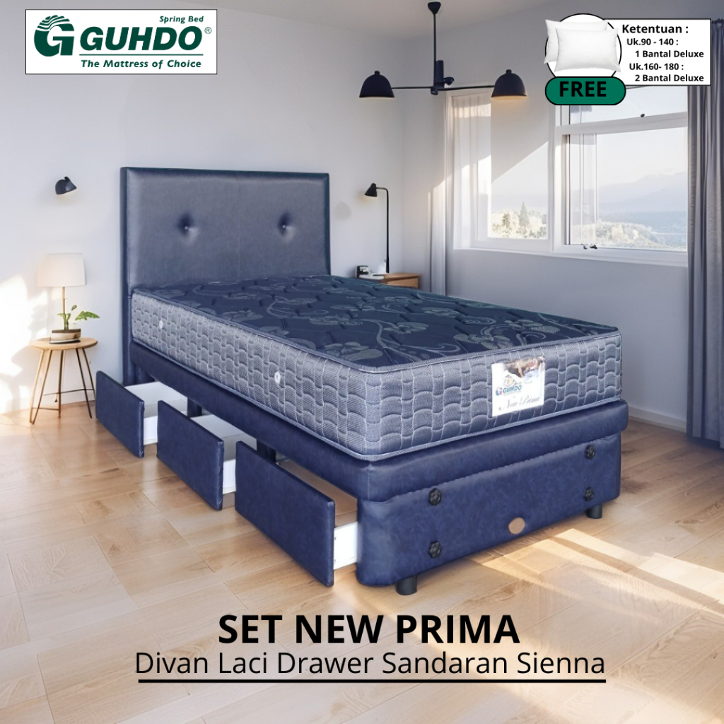 Set Kasur Guhdo Springbed New Prima Divan Drawer 3 Laci Sandaran Sienna  [Full Set]