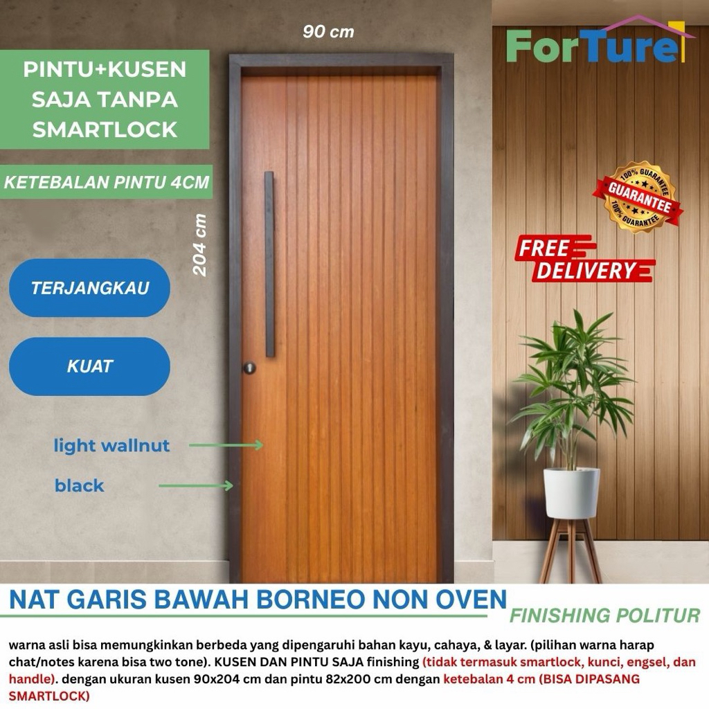 Nadirzwood Pintu Nat Garis Bawah Kayu Borneo Non Oven Full Solid Wood TEBAL 4 CM Finishing Politur K