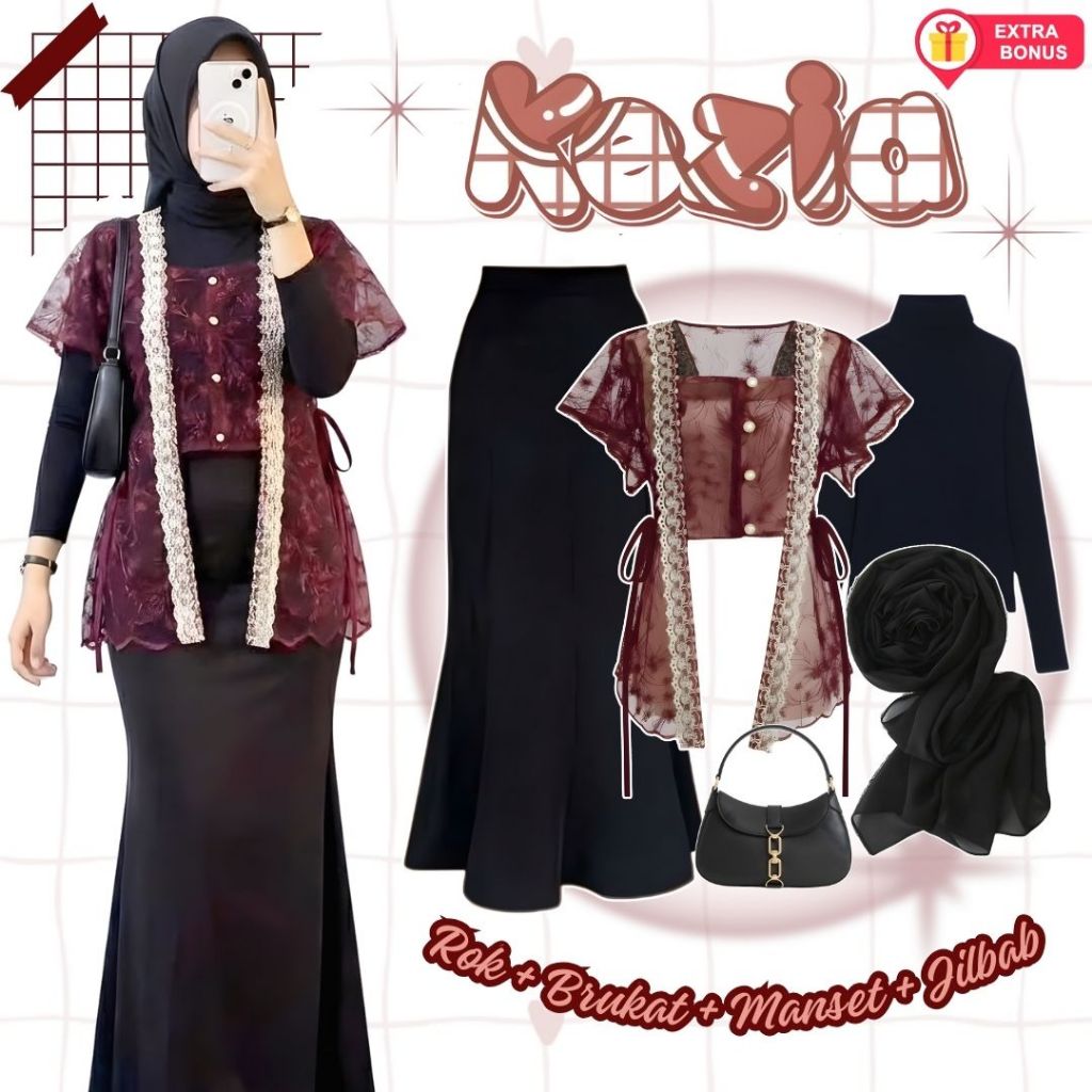 One set 4in1 brukat outer rok duyung manset jilbab segi empat | ootd outfit classy oneset lebaran ei