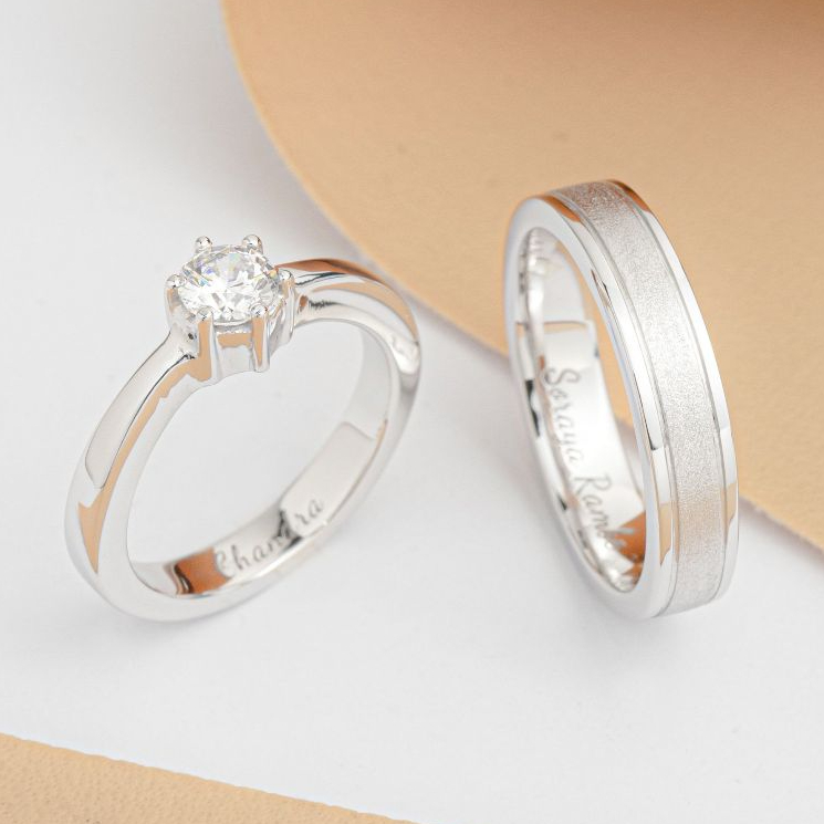 Hijaz Cincin Nikah Couple Premium Elegan | Cincin Wanita Emas Putih 6K | Cincin Pria Silver 950