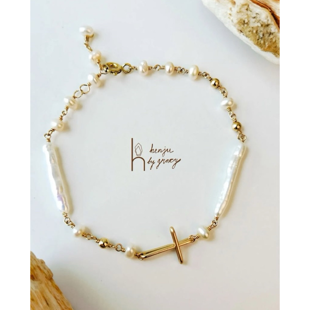 Gelang Mutiara Putih Liontin Salib Mutiara Air Tawar Lapis Perak Emas Rose Gold untuk Wanita Elegan