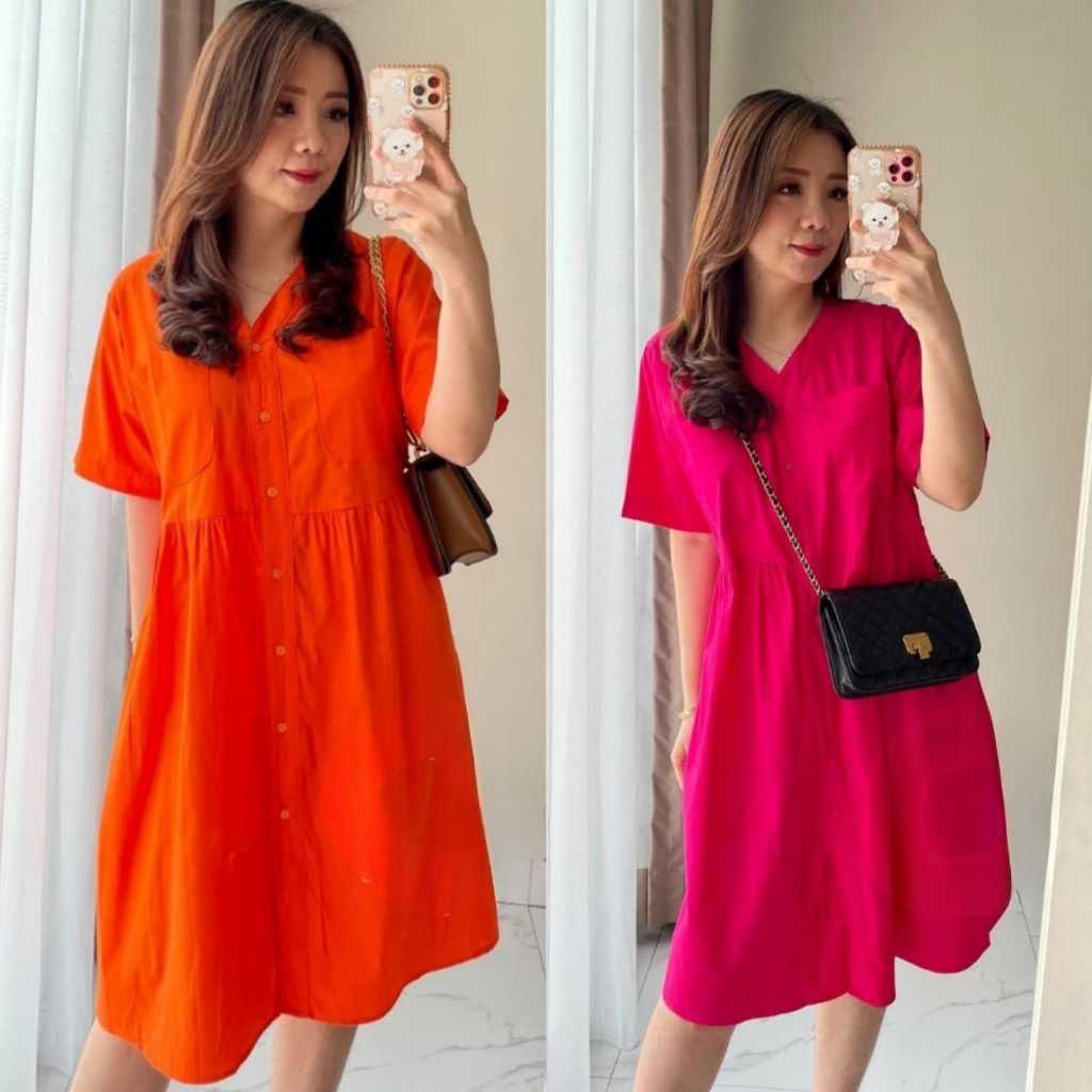 Sandra'C DRESS EURIKA RUFFLE MIDI KATUN POPLIN LENGAN PENDEK KANTONG DUA