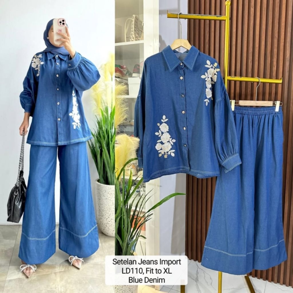 SETELAN CELANA JEANS BORDIR KEMEJA KULOT SET CELANA AISYAH LILAC IMPORT