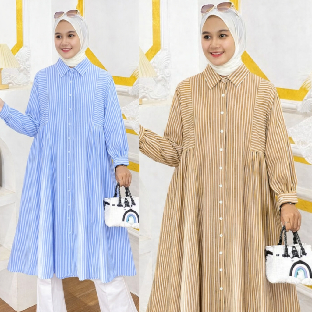 TUNIC WANITA MOTIF GARIS-GARIS / KEMEJA TUNIK SALUR WANITA TERBARU / TUNIK DEWASA JUMBO TERLARIS