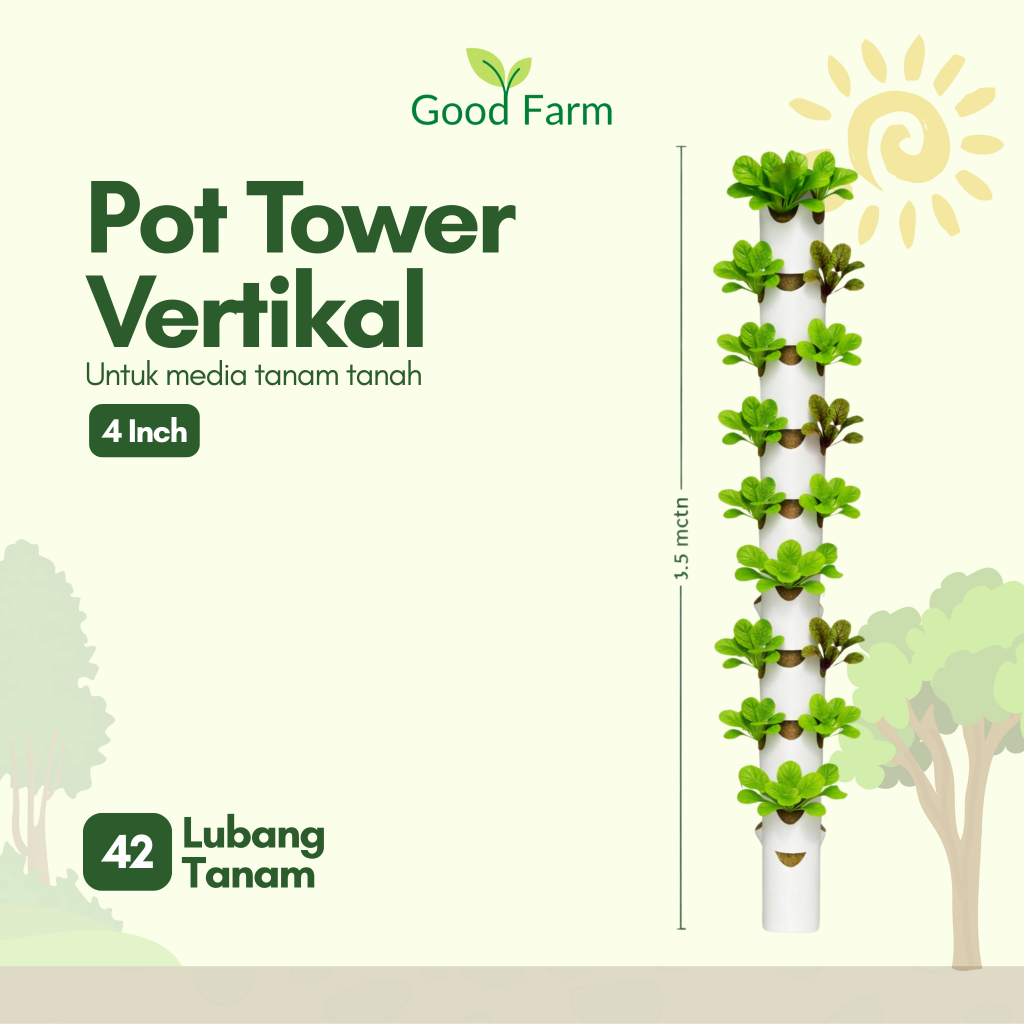 GoodFarm - GROWING POT TOWER 42 LUBANG TANAM 1,5 meter Vertikal vertikultur, pot tanaman pot hidropo